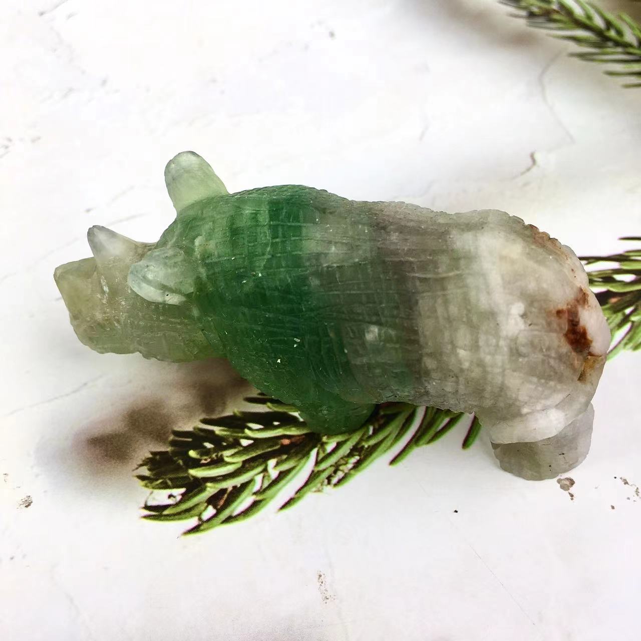 Wholesale Natural Crystal Carved Sculpture Caribbean calcite /fluorite Rhinoceros and Caribbean calcite penguin