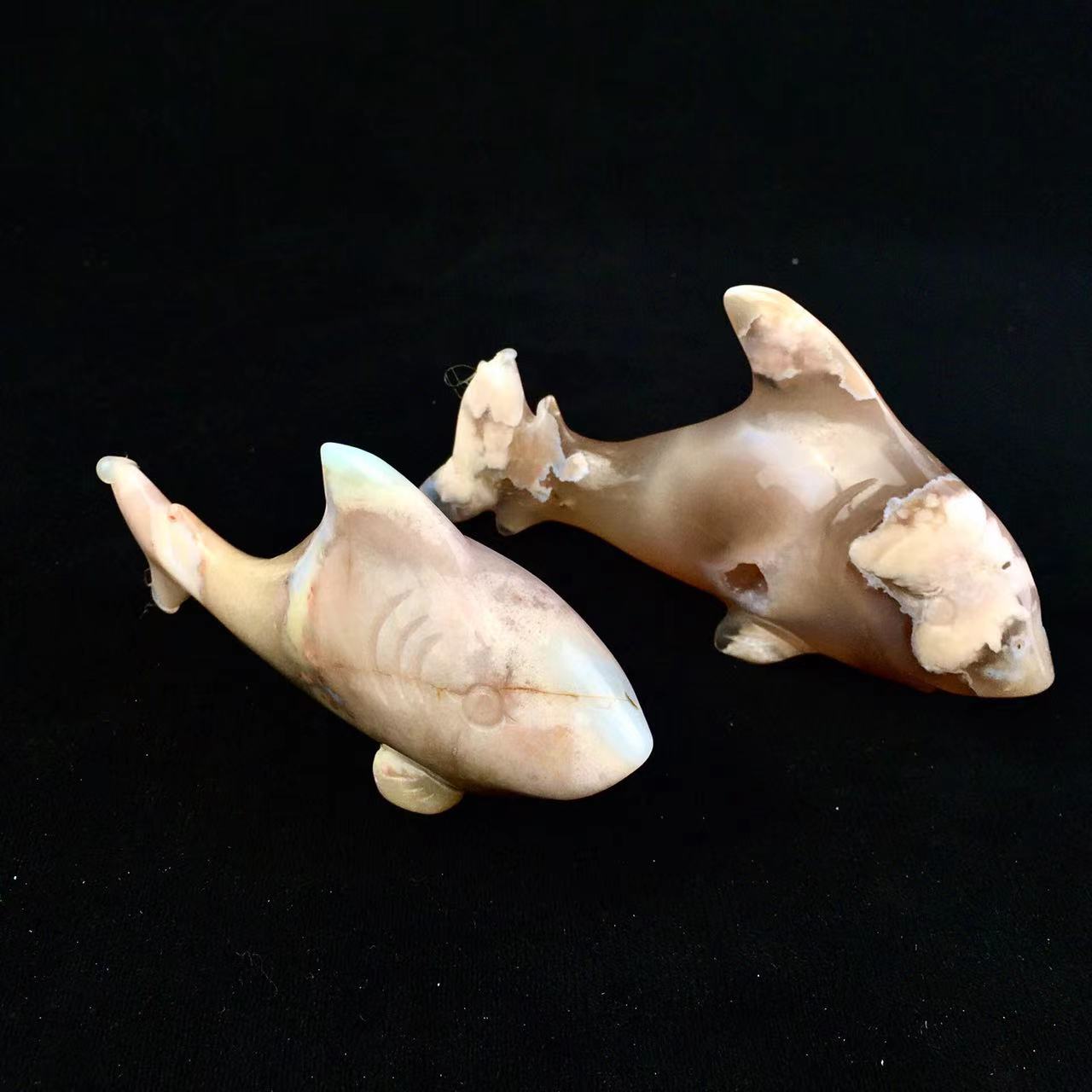 Hand Carved Natural Flower Agate Crystal Shark Sakura Cherry Blossom Agate Animal Carving