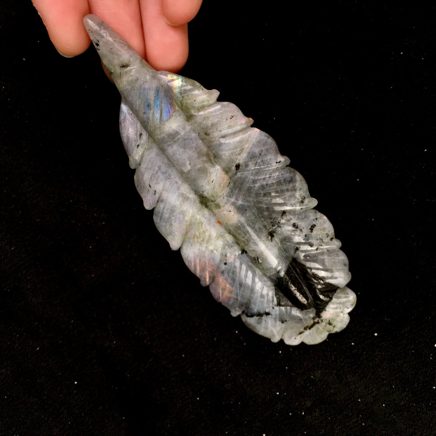 Wholesale Natural labradorite Crystal Carved halloween Ghost With Indian Feather for decoraiotion