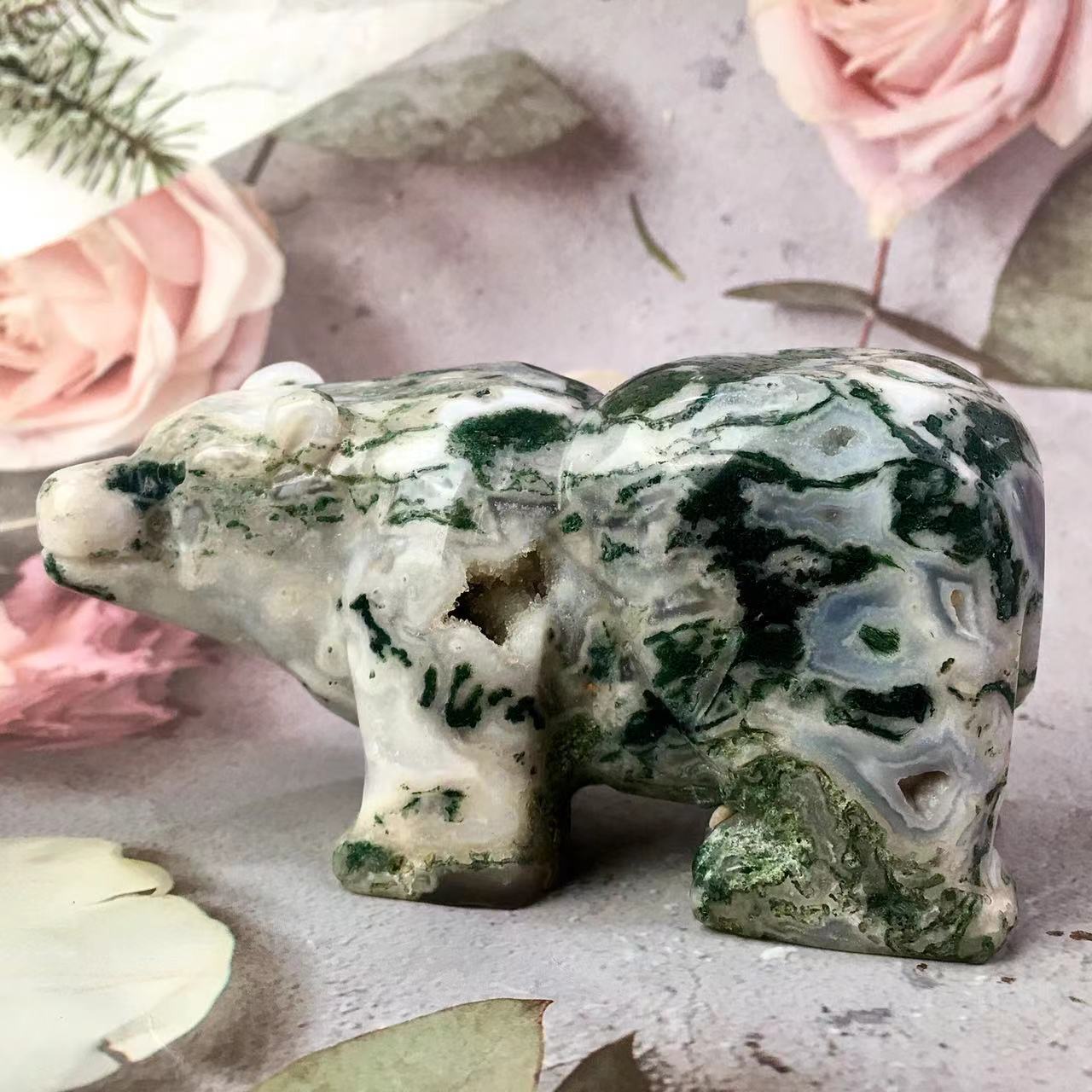 Wholesale crystal moss agate big size bear crystal craft moss agate bear for decoration