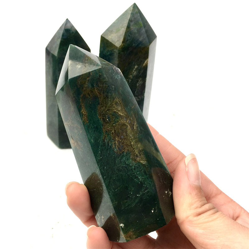 Wholesale natural crysta moss agate tower for decoration 1kg