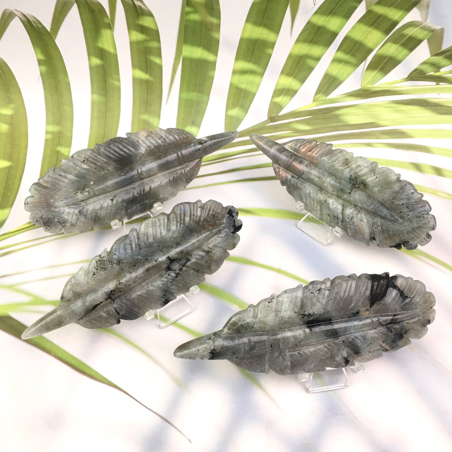 Wholesale Natural labradorite Crystal Carved halloween Ghost With Indian Feather for decoraiotion