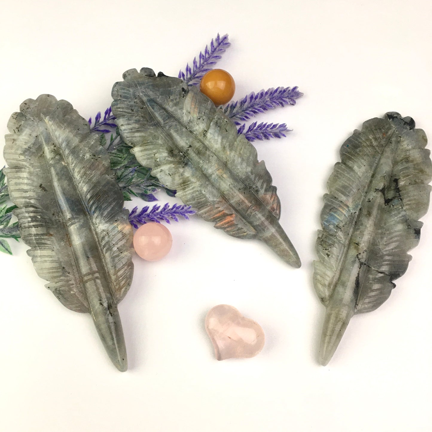 Wholesale Natural labradorite Crystal Carved halloween Ghost With Indian Feather for decoraiotion