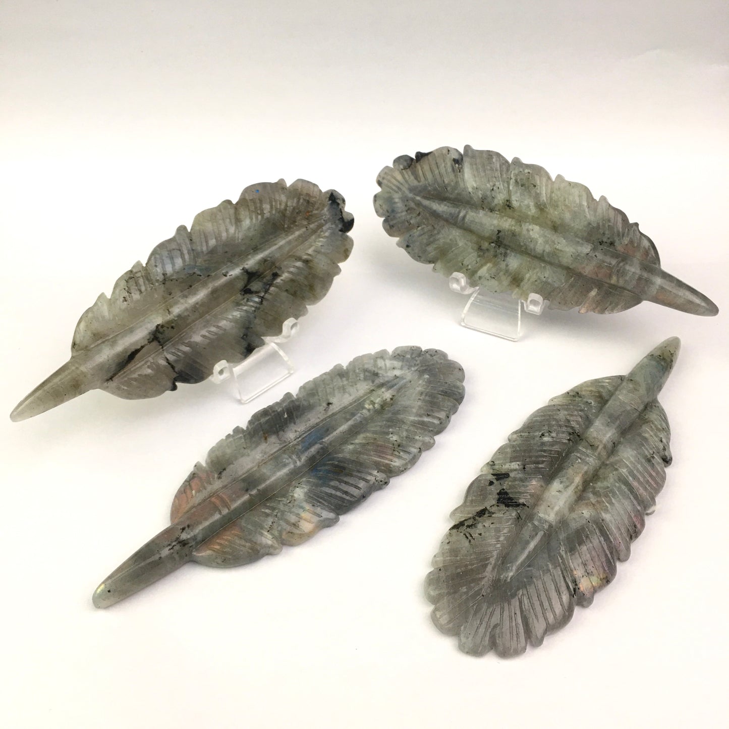 Wholesale Natural labradorite Crystal Carved halloween Ghost With Indian Feather for decoraiotion