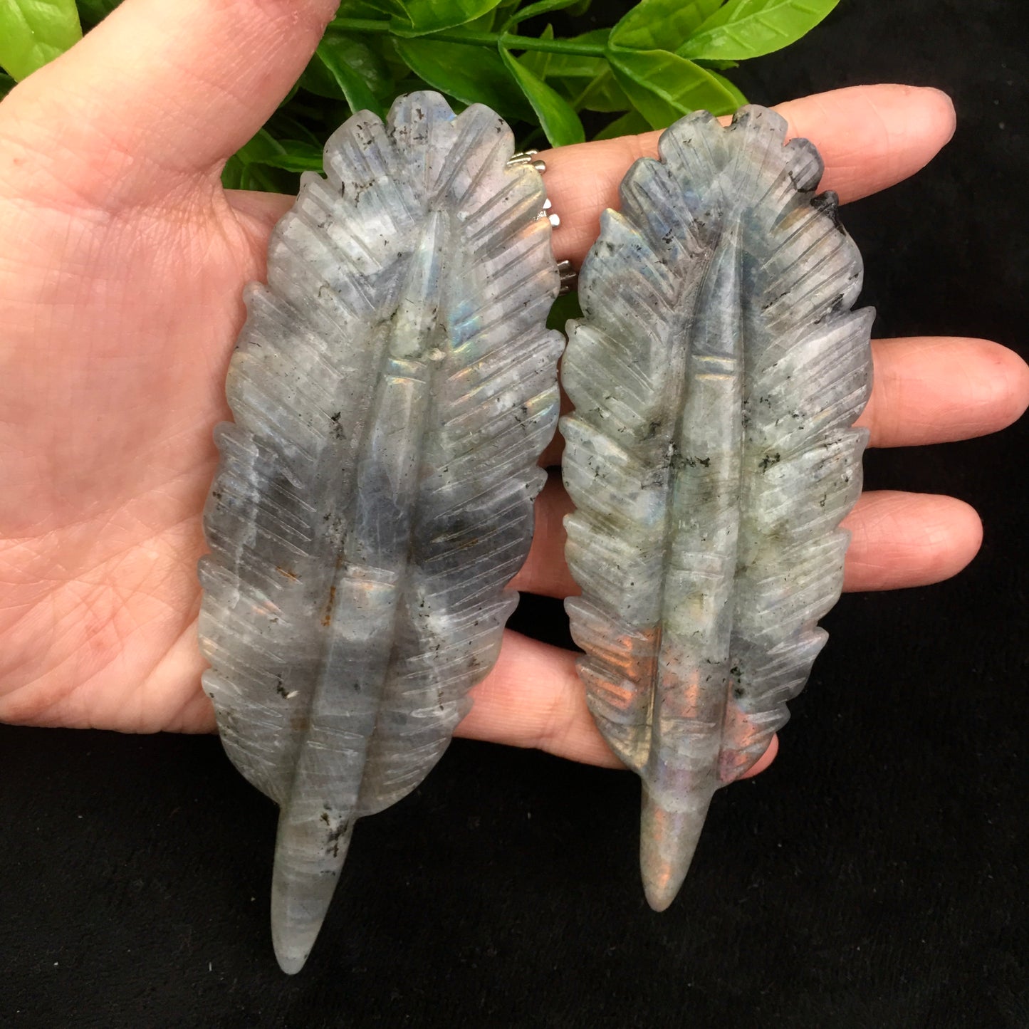 Wholesale Natural labradorite Crystal Carved halloween Ghost With Indian Feather for decoraiotion