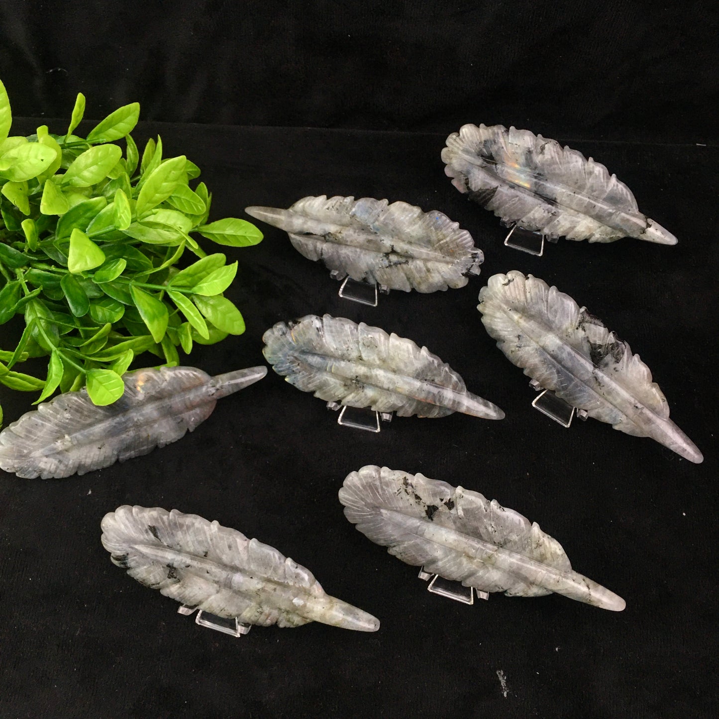 Wholesale Natural labradorite Crystal Carved halloween Ghost With Indian Feather for decoraiotion