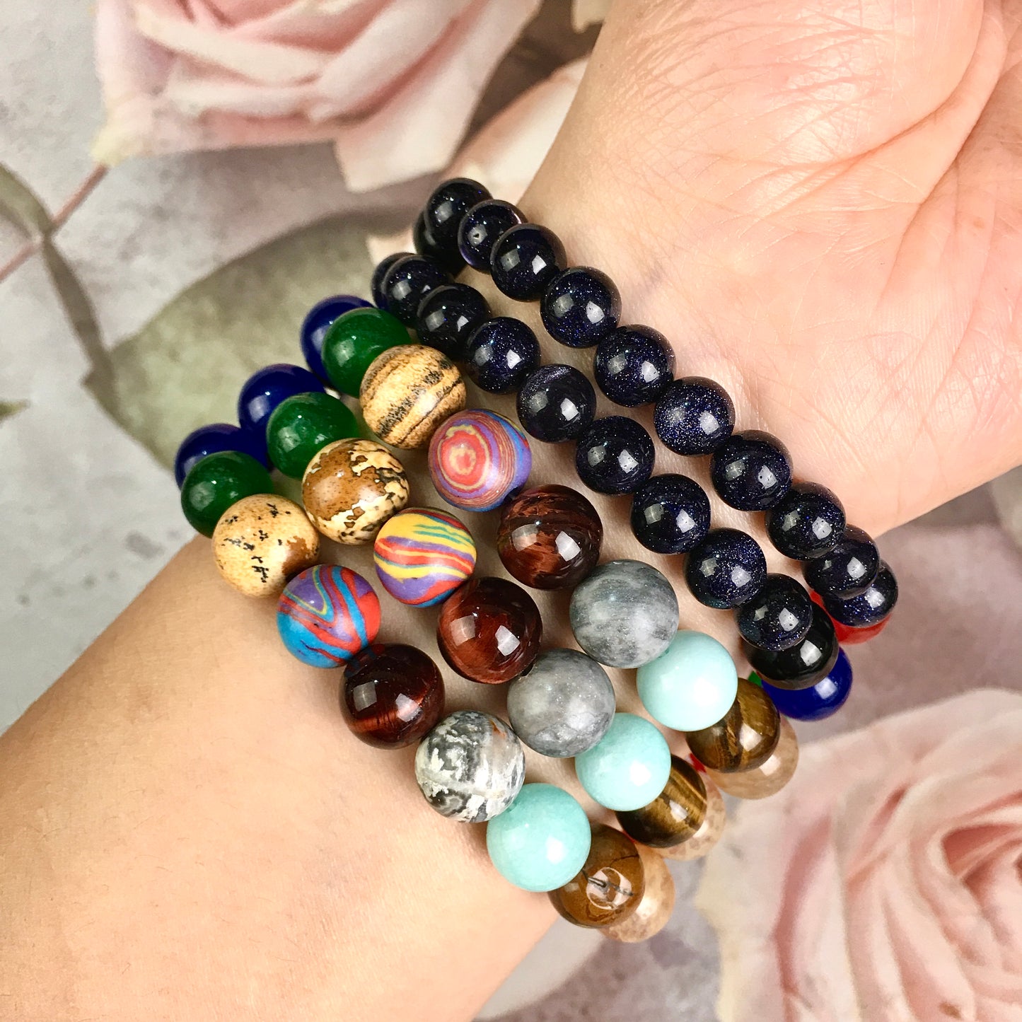 New Rock Bead Elastic Natural Stones Gemstones Bangles Universe Galaxy Blue sanstone Stone Bracelet 8 Planets 7 Chakra Bracelets