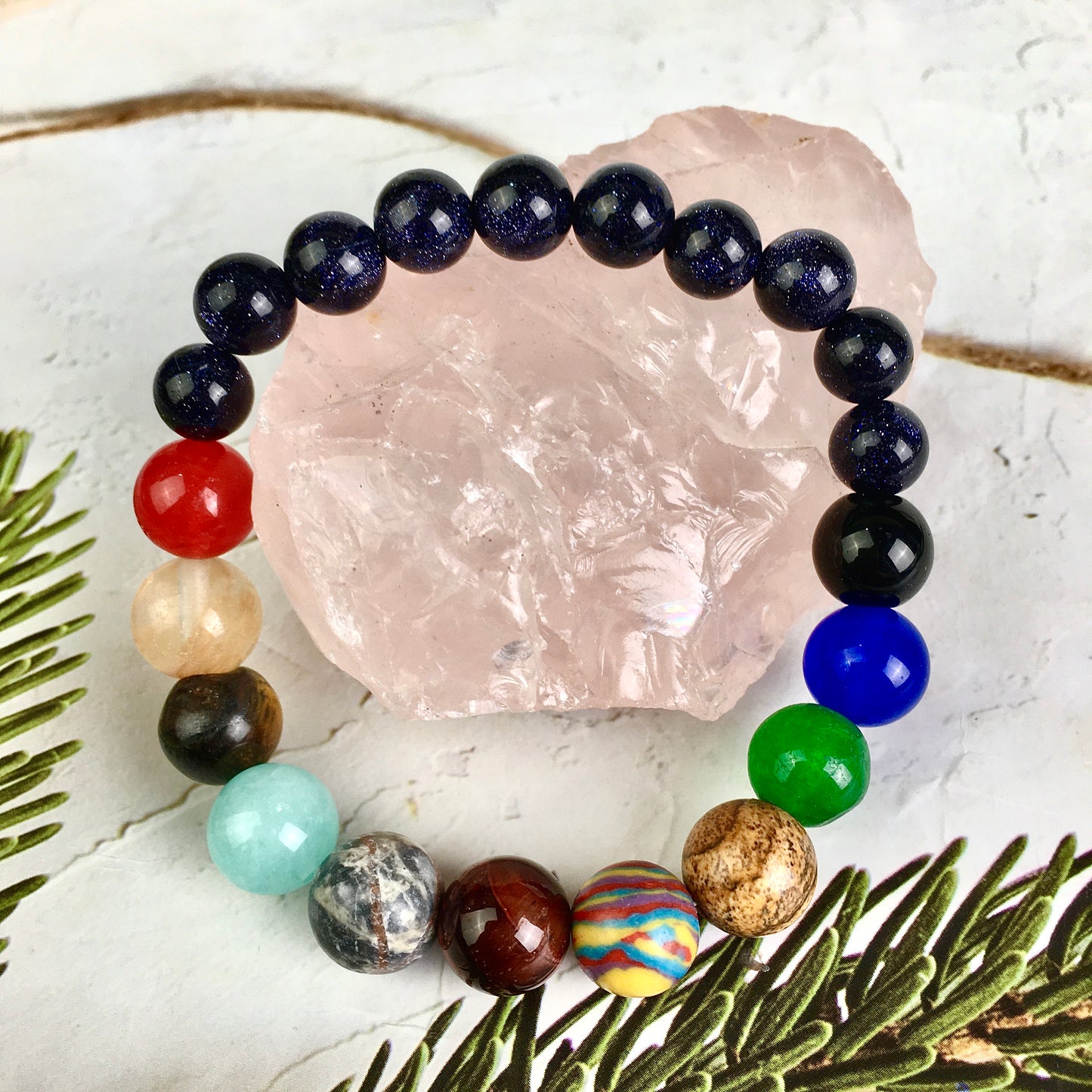 New Rock Bead Elastic Natural Stones Gemstones Bangles Universe Galaxy Blue sanstone Stone Bracelet 8 Planets 7 Chakra Bracelets