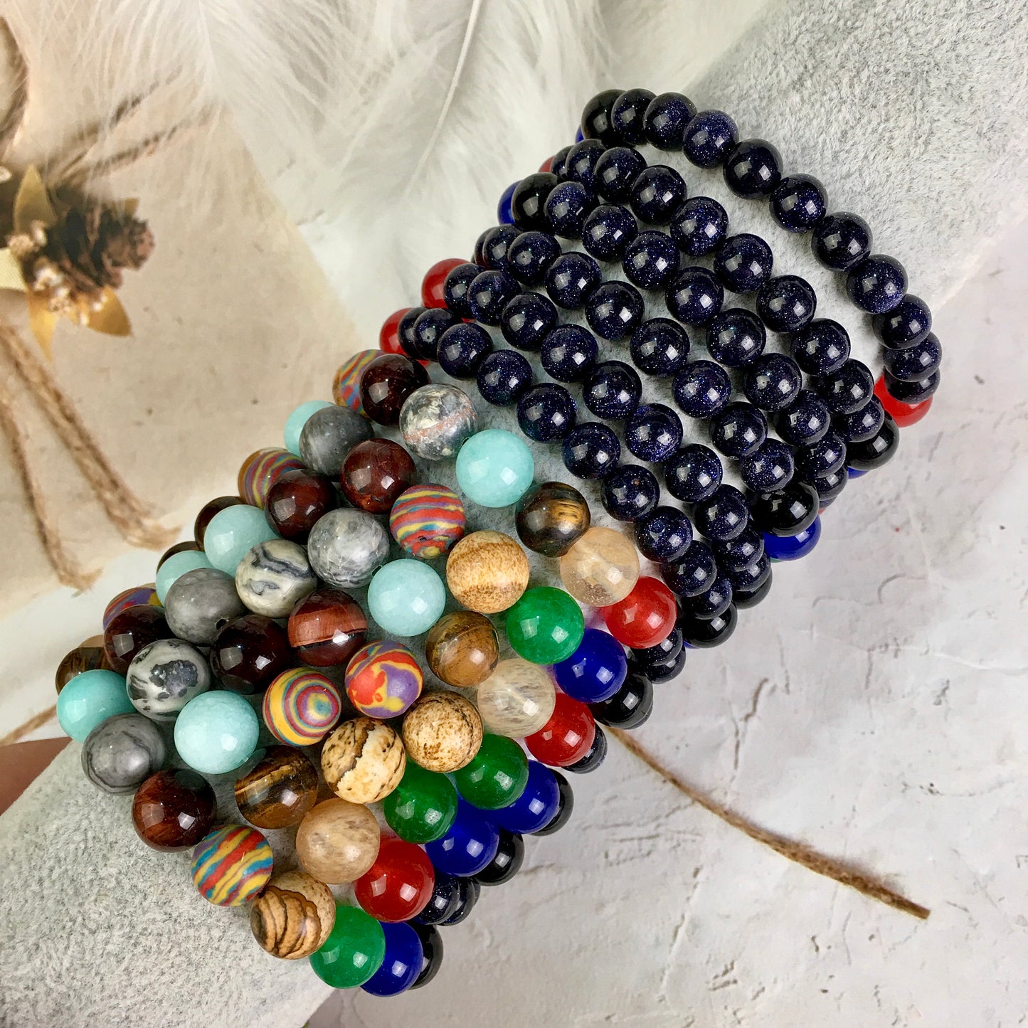 New Rock Bead Elastic Natural Stones Gemstones Bangles Universe Galaxy Blue sanstone Stone Bracelet 8 Planets 7 Chakra Bracelets