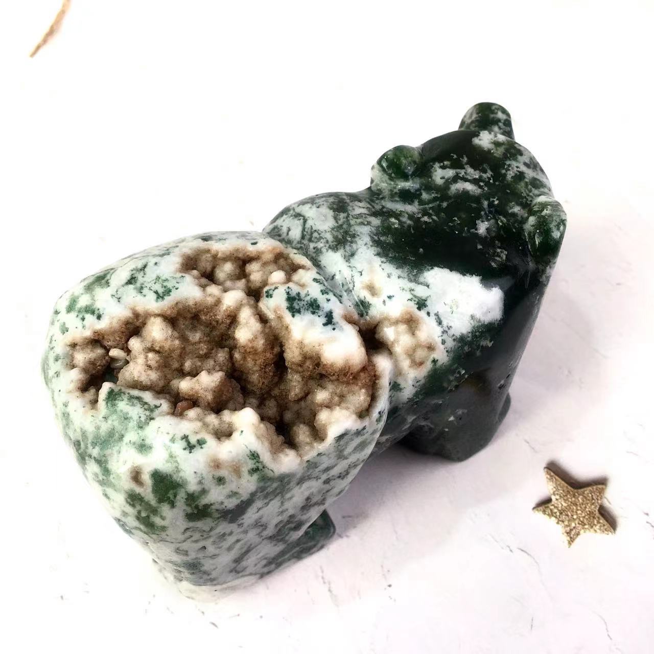 Wholesale crystal moss agate big size bear crystal craft moss agate bear for decoration