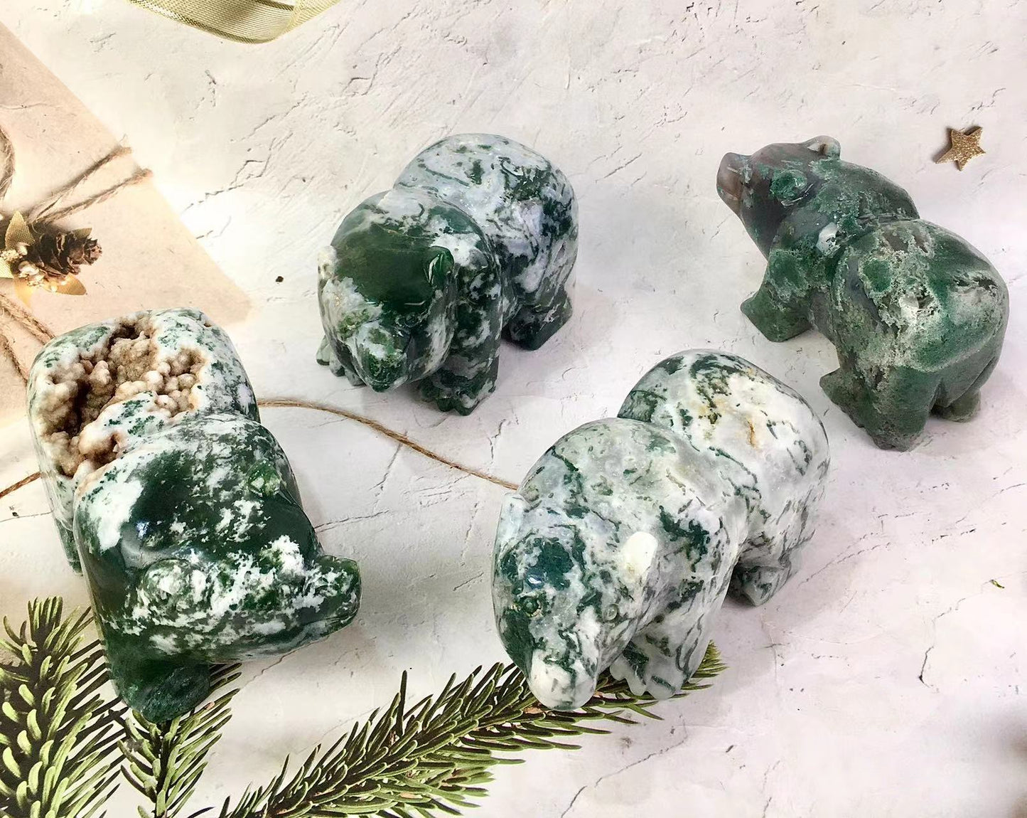 Wholesale crystal moss agate big size bear crystal craft moss agate bear for decoration