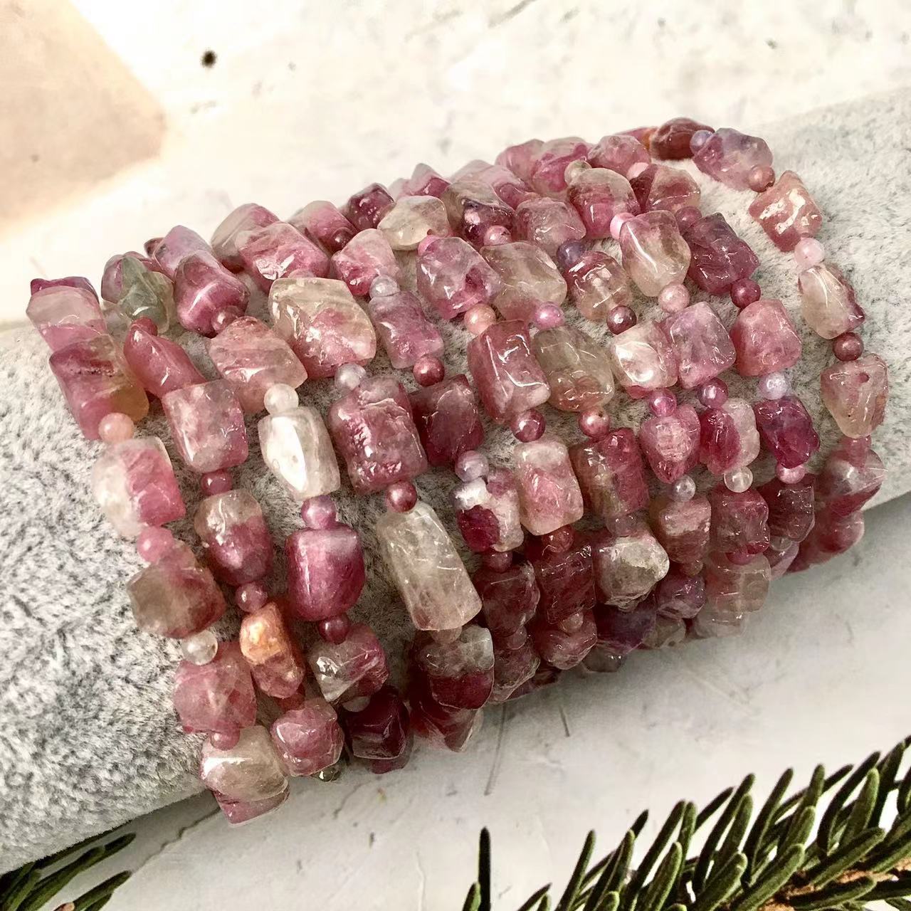 Natural Stone chips High Grade 6/8/10 mm Pink Tourmaline chip Bracelet