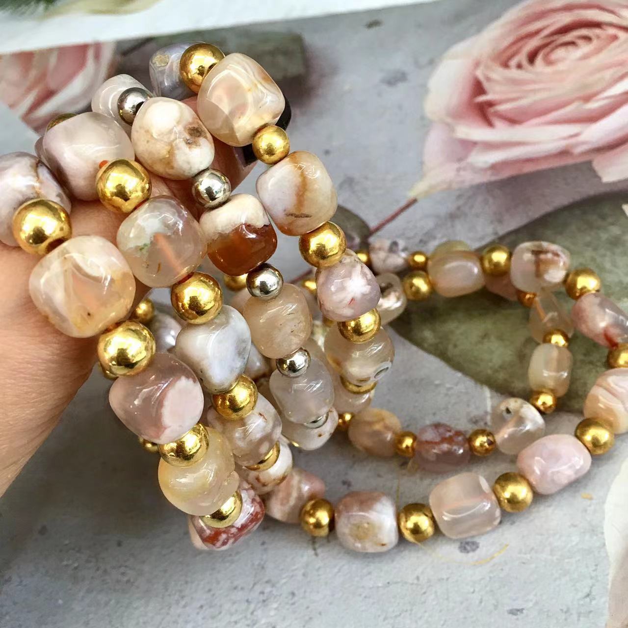 11mm Natural Sakura Agate Gemstone Beads Bracelet Healing Crystal Bead bracelet for Women