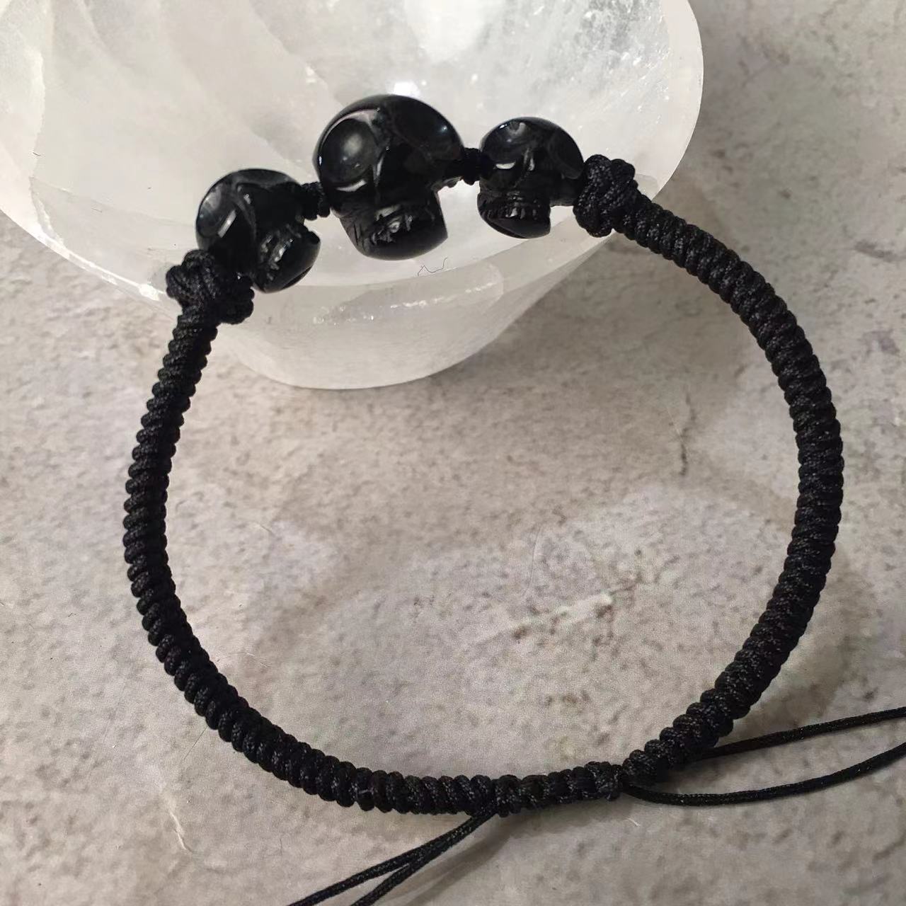 Black obsidian skulls Hand braided rope bracelets wholesale gemstone carving Crystal