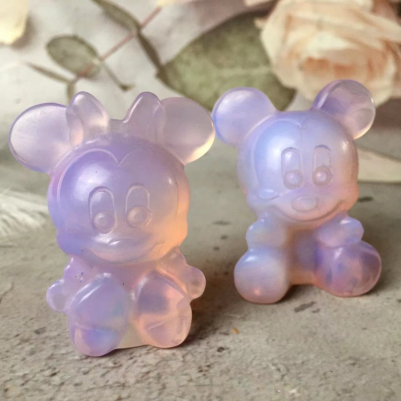 Natural crystal crafts obsidian and opal and fluroite and blue aventurine carving animal Mouse Mickey minnie mouse folk crafts for sale