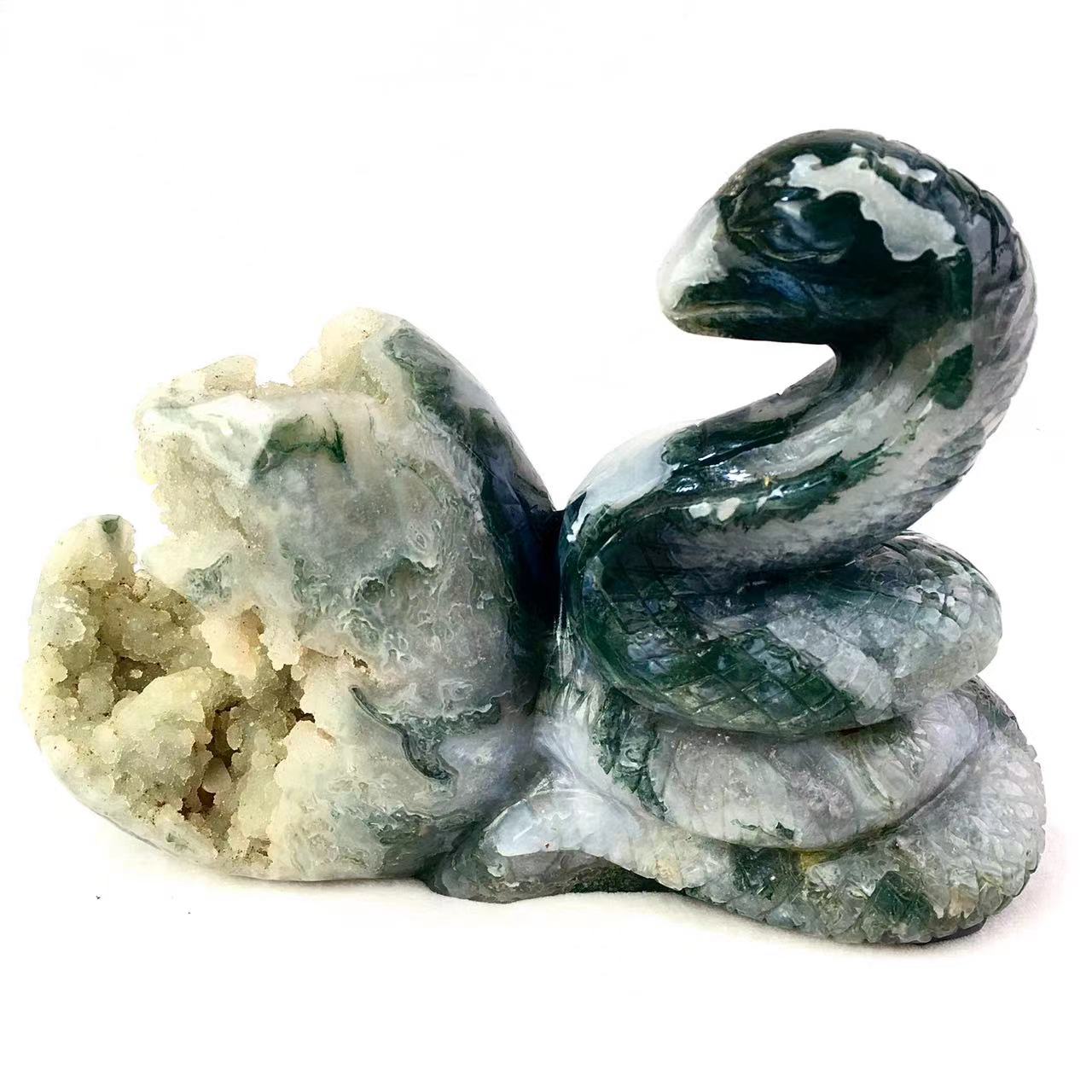 Wholesale natural crystal carving animals gemstones folk crafts healing crystal Moss agate snake hand carved