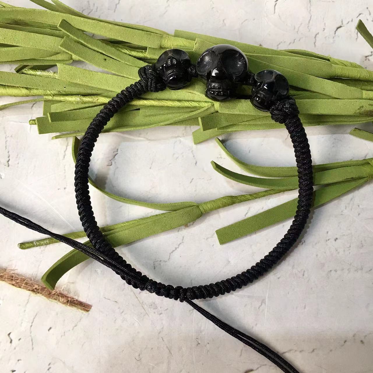 Black obsidian skulls Hand braided rope bracelets wholesale gemstone carving Crystal