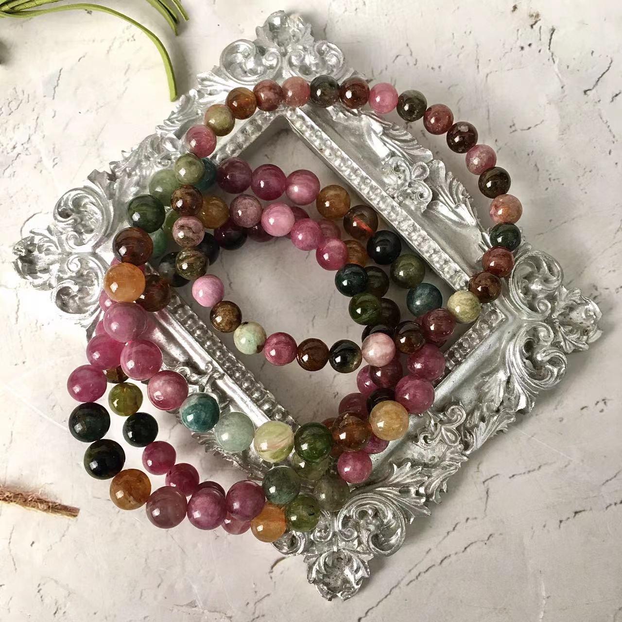 7MM Watermelon Tourmaline Gemstone Natural Stone Beads Bracelets for Women Men Girls Healing