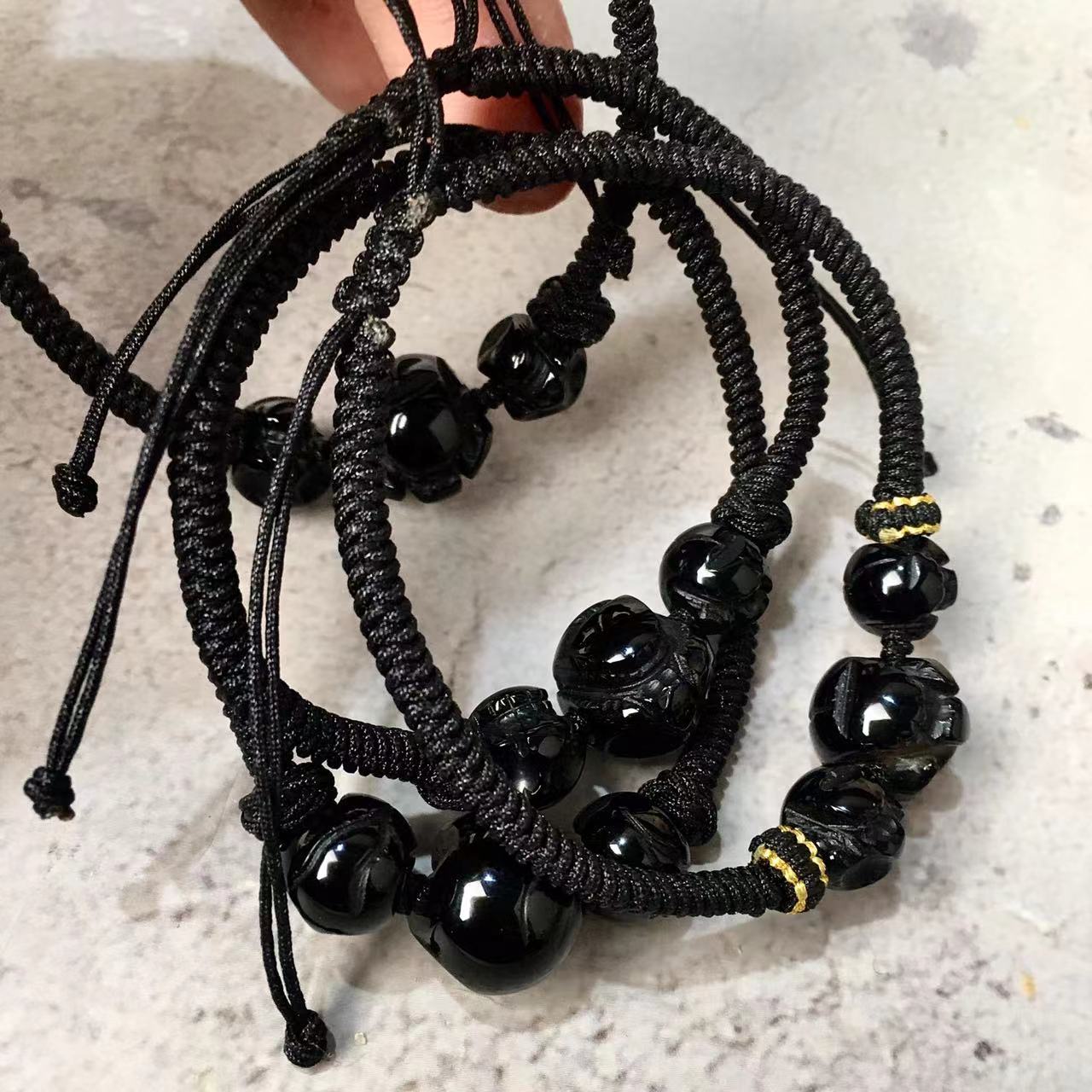 Black obsidian skulls Hand braided rope bracelets wholesale gemstone carving Crystal