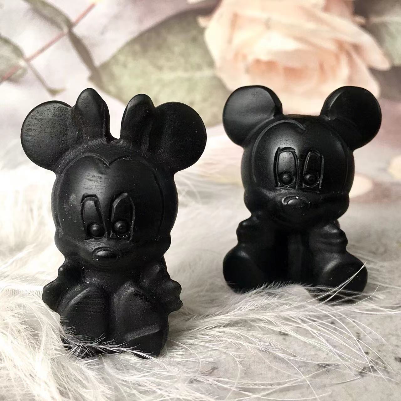 Natural crystal crafts obsidian and opal and fluroite and blue aventurine carving animal Mouse Mickey minnie mouse folk crafts for sale