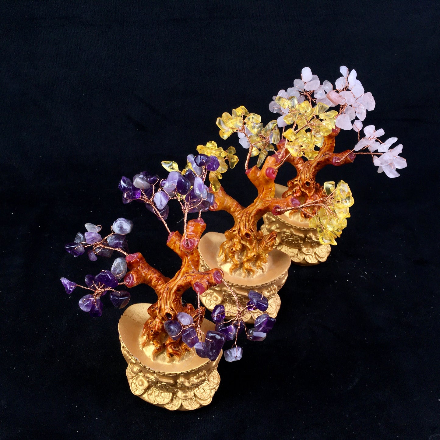 Wholesale creative Crystal Crafts Good Fortune Money Tree green aventurine rose quartz citrine and dream amethyst Home Decor Sculpture Polyresin Pachira tree for decoraiotion