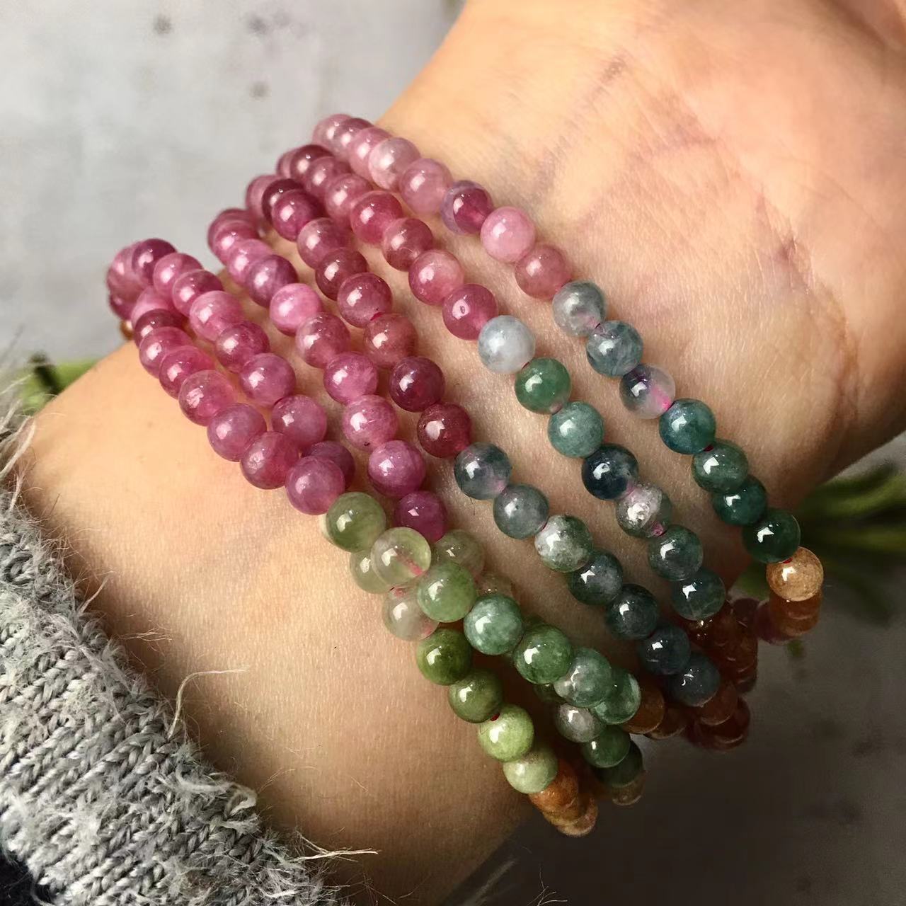 4 and 5MM Watermelon Tourmaline Gemstone Natural Stone Beads Mutil turn Bracelets with Silver Plated Clasp Bracelet for Women Men Girls Healing