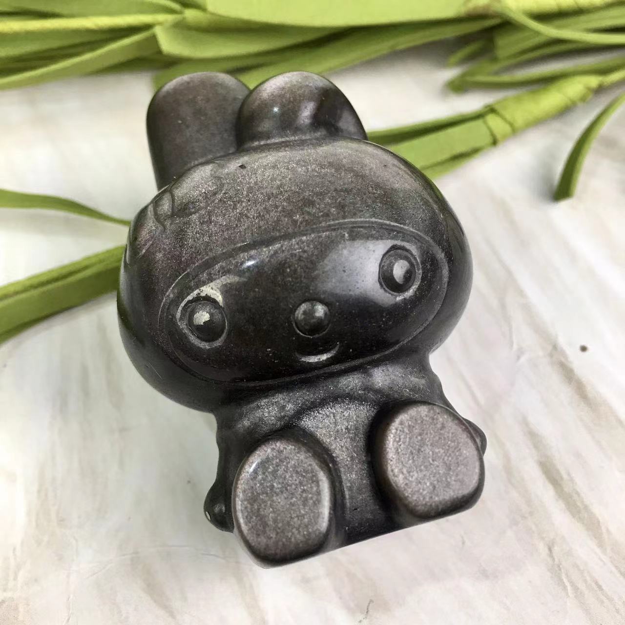 Natural Crystal Carving Silver Black Obsidian Animal Carving Healing Stone Carving