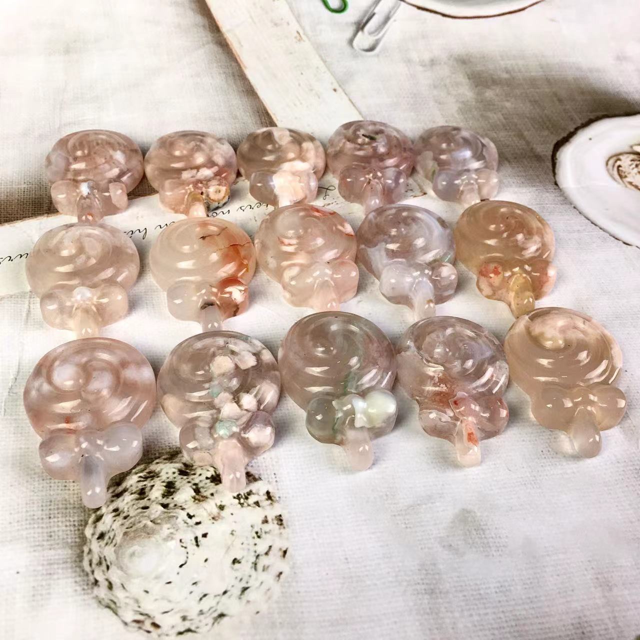 Wholesale Natural Crystal Stone Hand Carved Sakura Agate Lollipop Healing Crystals For Decoration