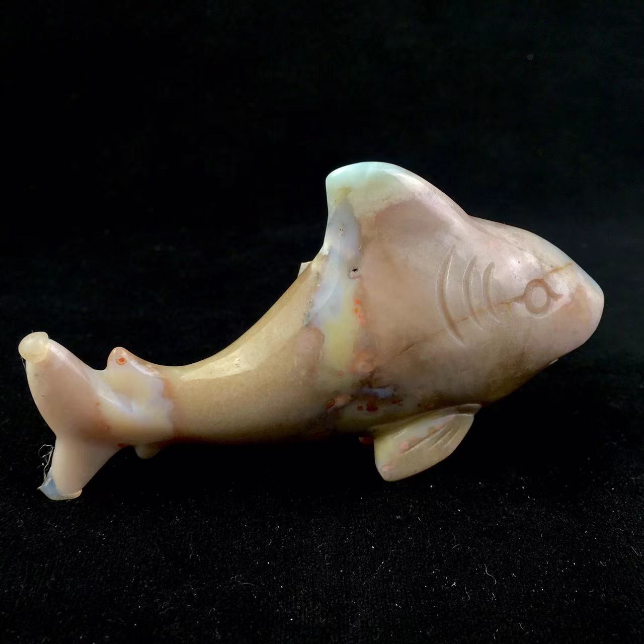 Hand Carved Natural Flower Agate Crystal Shark Sakura Cherry Blossom Agate Animal Carving