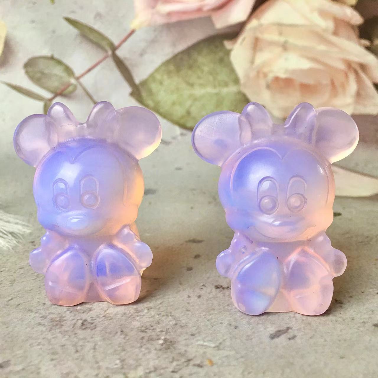 Natural crystal crafts obsidian and opal and fluroite and blue aventurine carving animal Mouse Mickey minnie mouse folk crafts for sale