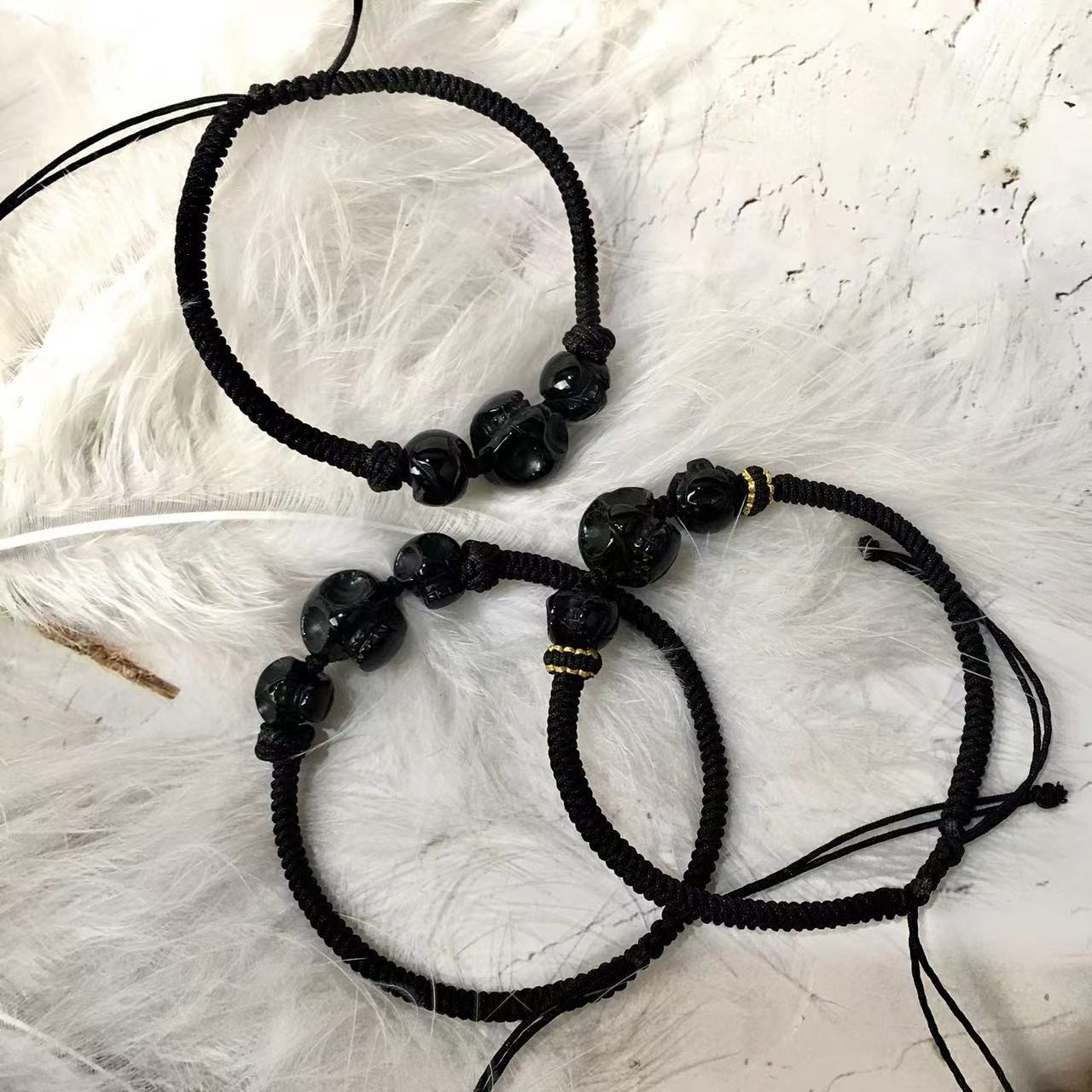 Black obsidian skulls Hand braided rope bracelets wholesale gemstone carving Crystal