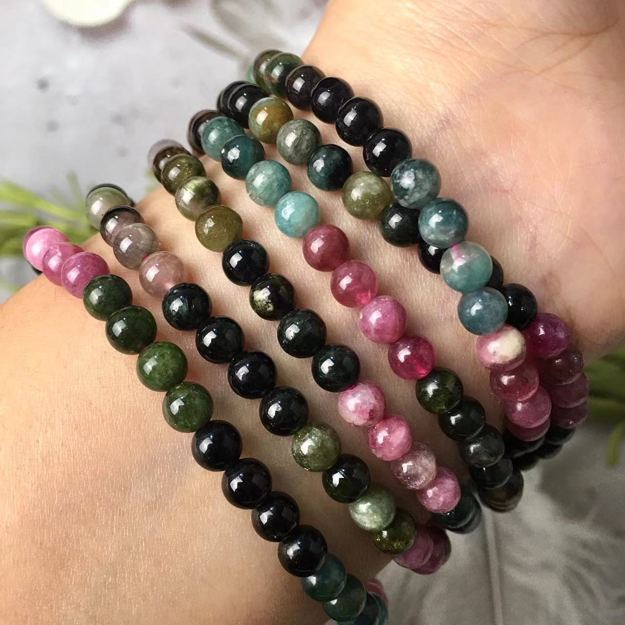 4 and 5MM Watermelon Tourmaline Gemstone Natural Stone Beads Mutil turn Bracelets with Silver Plated Clasp Bracelet for Women Men Girls Healing