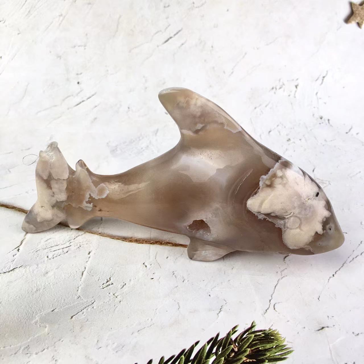 Hand Carved Natural Flower Agate Crystal Shark Sakura Cherry Blossom Agate Animal Carving
