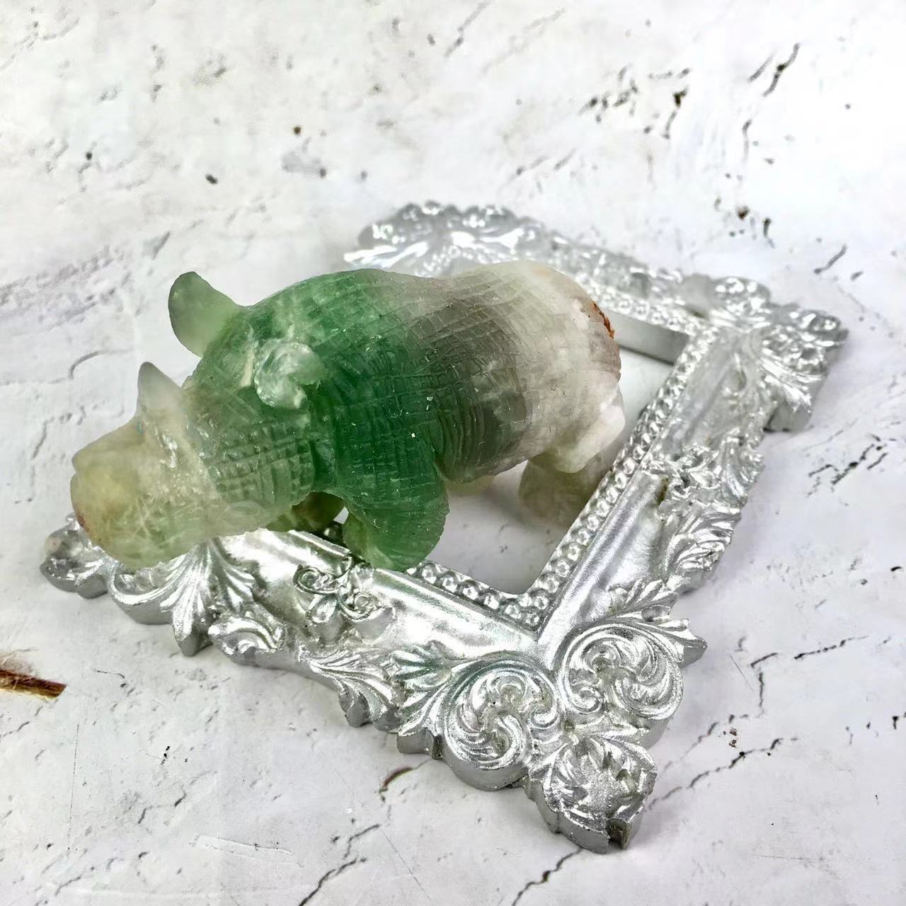 Wholesale Natural Crystal Carved Sculpture Caribbean calcite /fluorite Rhinoceros and Caribbean calcite penguin