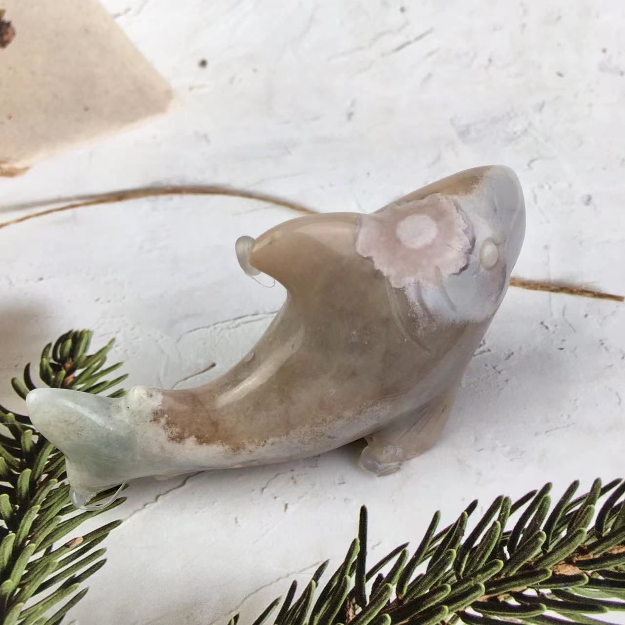 Hand Carved Natural Flower Agate Crystal Shark Sakura Cherry Blossom Agate Animal Carving