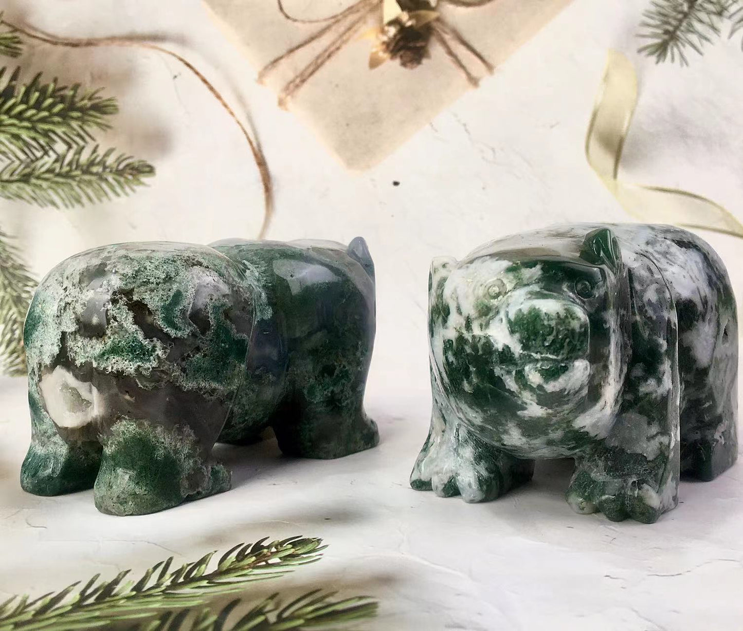 Wholesale crystal moss agate big size bear crystal craft moss agate bear for decoration