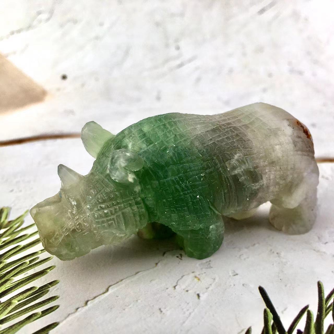 Wholesale Natural Crystal Carved Sculpture Caribbean calcite /fluorite Rhinoceros and Caribbean calcite penguin