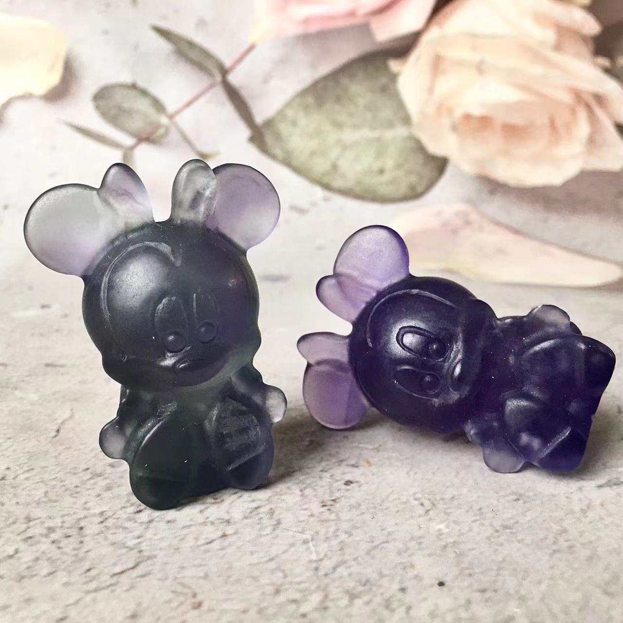 Natural crystal crafts obsidian and opal and fluroite and blue aventurine carving animal Mouse Mickey minnie mouse folk crafts for sale