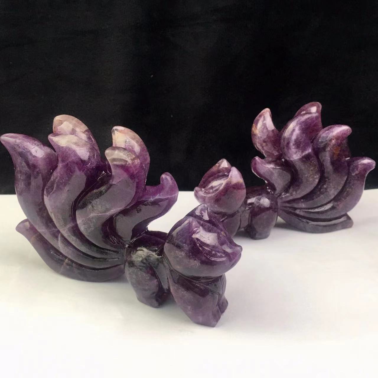 Hand Carved Natural Crystal Animal Carving Natural Fluorite Nine Tail Fox For Decoration