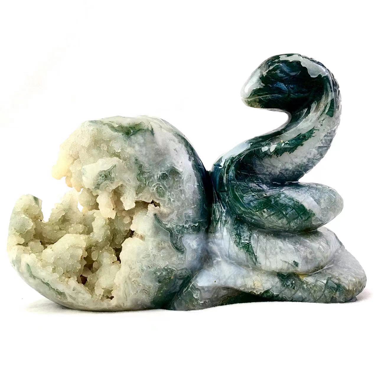 Wholesale natural crystal carving animals gemstones folk crafts healing crystal Moss agate snake hand carved