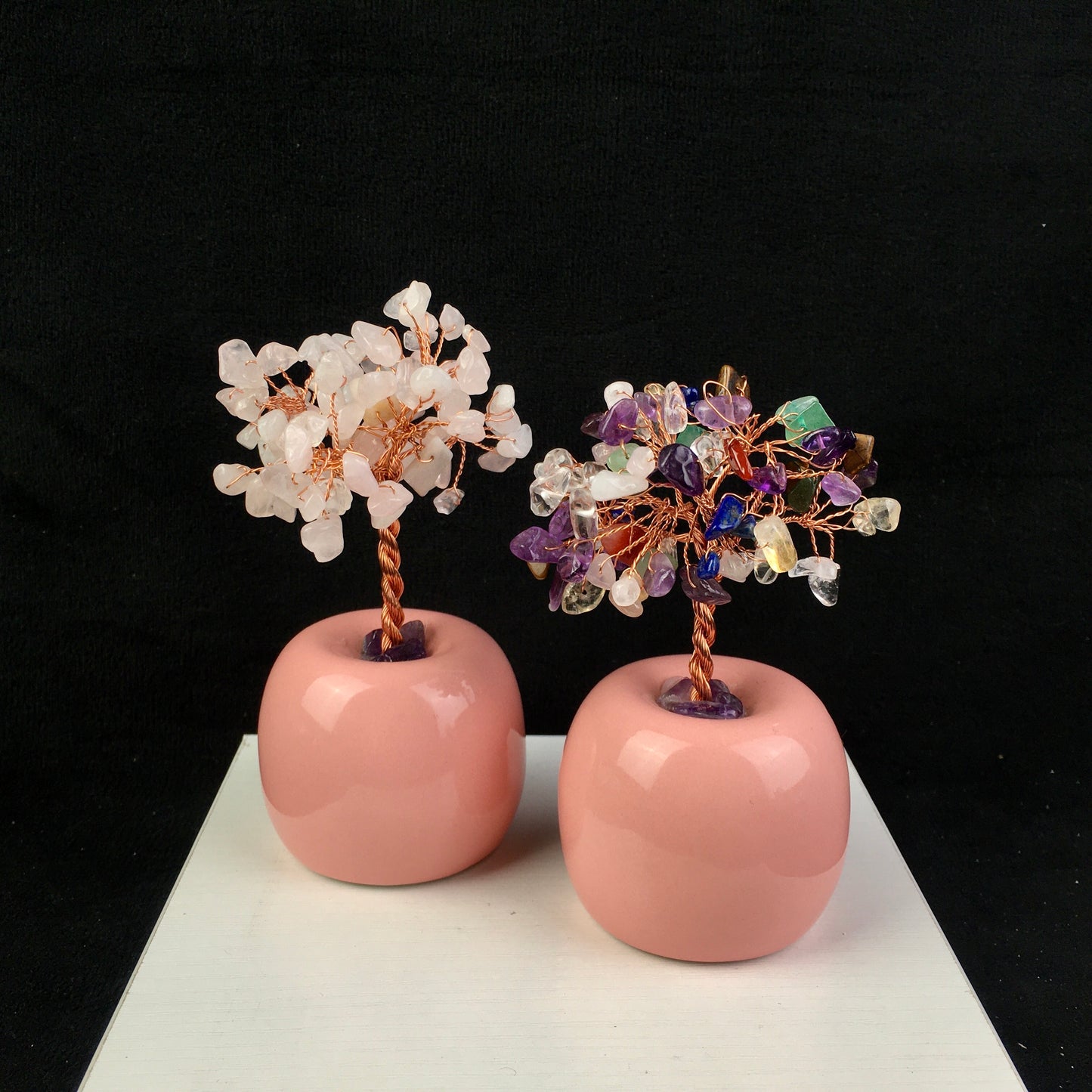 Wholesale bulk Natural Crystal Craft Tree Christmas mixed chips and rose quartz Gemstone Bonsai Coppe Crystal Tree for decoraiotion