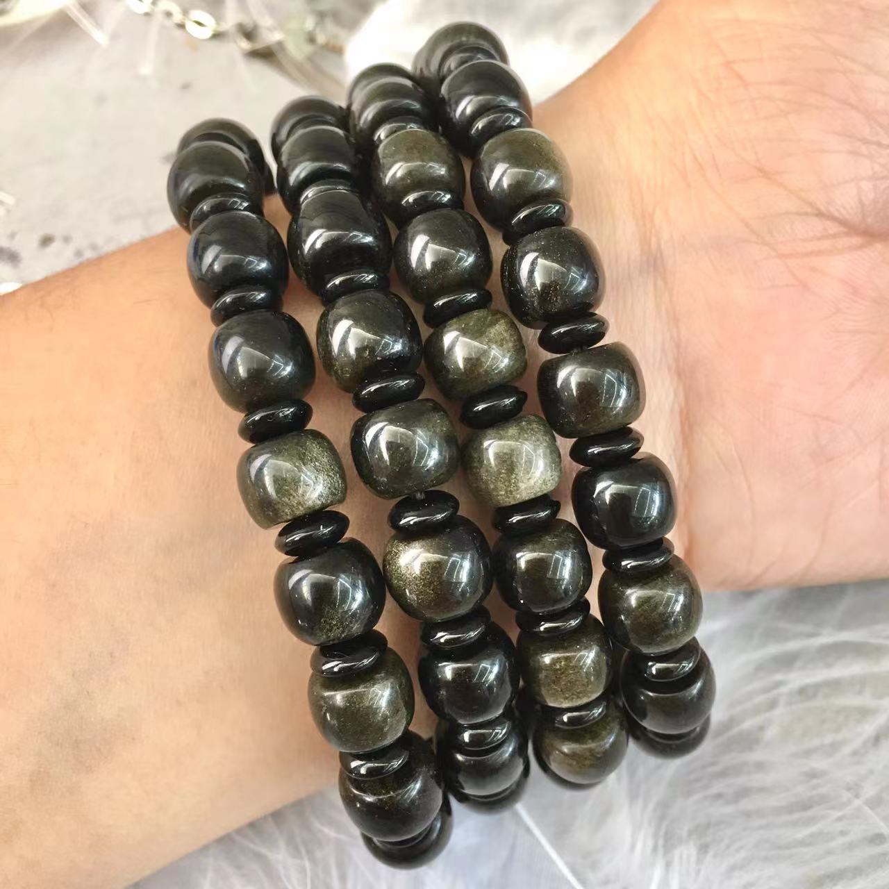9MM Natural Gold Obsidian Bracelet Single Circle Hand String High Quality Obsidian Bracelet Jewelry Reiki GemStone Beads Obsidian