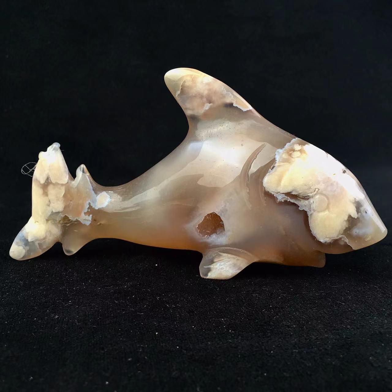 Hand Carved Natural Flower Agate Crystal Shark Sakura Cherry Blossom Agate Animal Carving