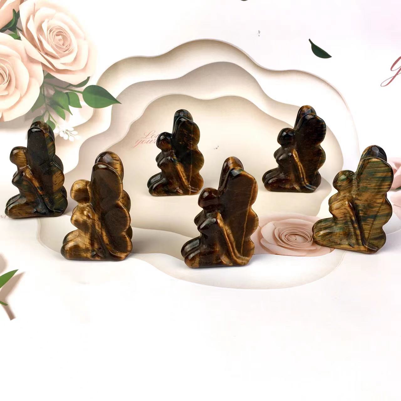 Wholesale Natural crystal Yellow tiger eye Butterfly Flower Fairy Crystal flower fairy Ornaments For gift
