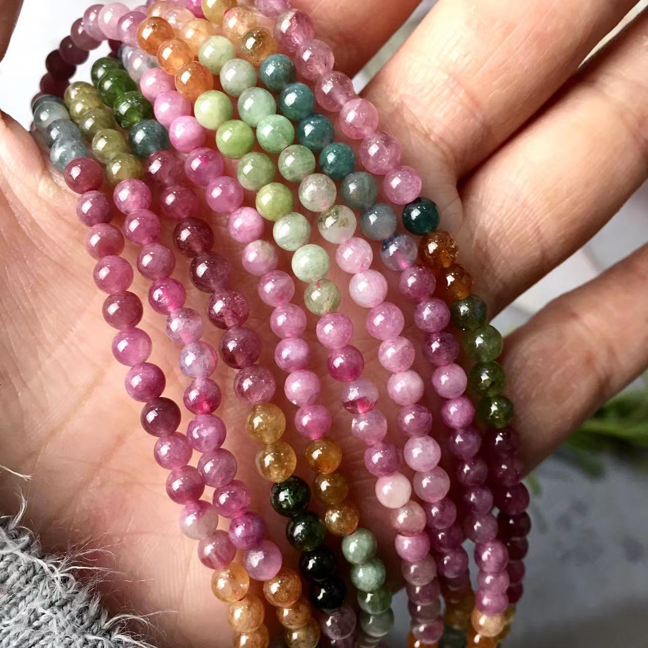 4 and 5MM Watermelon Tourmaline Gemstone Natural Stone Beads Mutil turn Bracelets with Silver Plated Clasp Bracelet for Women Men Girls Healing