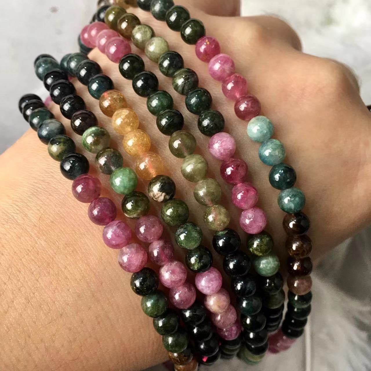 4 and 5MM Watermelon Tourmaline Gemstone Natural Stone Beads Mutil turn Bracelets with Silver Plated Clasp Bracelet for Women Men Girls Healing