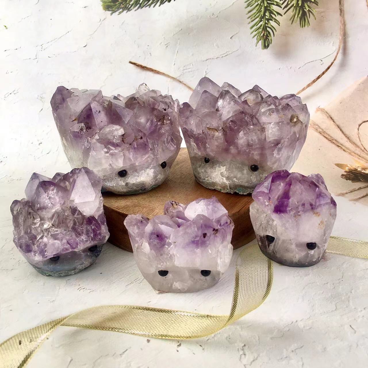 Wholesale Natural Crystal Carving Animal Amethyst Crystal Cluster Hedgehog For Decoration