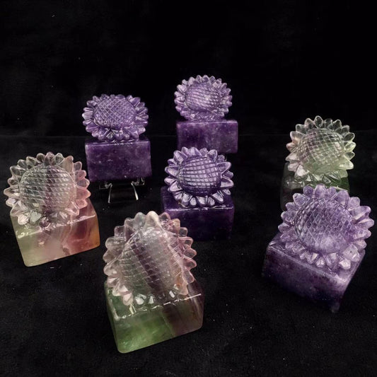 Wholesale High Quality Hand Carved  Fluorite/Purple mica  Rose Flower /Sunflower Gemstone Folk Craft Healing Natural Crystal