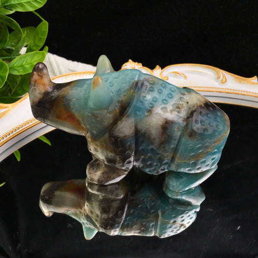 Wholesale Natural Crystal Carved Sculpture Caribbean calcite /fluorite  Rhinoceros and Caribbean calcite penguin
