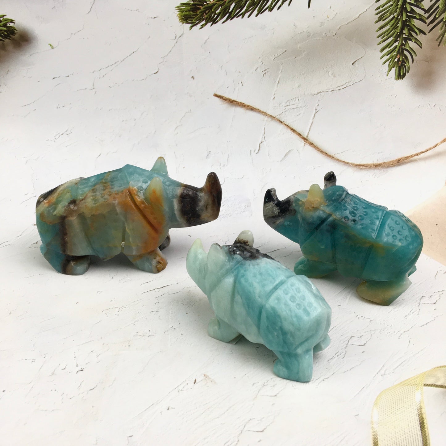 Wholesale Natural Crystal Carved Sculpture Caribbean calcite /fluorite  Rhinoceros and Caribbean calcite penguin